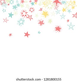 Falling Stars. Hand Drawn Holiday Background with Doodle Stars for Print, Cover, Brochure. Bright Starry Pattern with Simple Childish Elements. Modern Vector Background for Party Decoration.