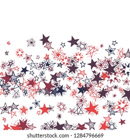 Falling Stars. Hand Drawn Holiday Background with Doodle Stars for Placard, Cover, Brochure. Bright Starry Pattern with Simple Childish Elements. Trendy Vector Background for Party Decoration.