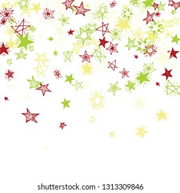 Falling Stars. Hand Drawn Holiday Background with Doodle Stars for Card, Poster, Banner. Bright Starry Pattern with Simple Childish Elements. Cute Vector Background for Party Decoration.