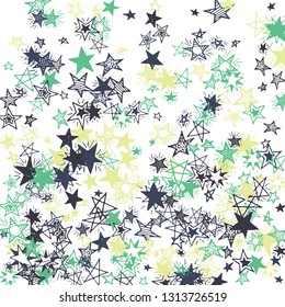 Falling Stars. Hand Drawn Holiday Background with Doodle Stars for Placard, Poster, Banner. Bright Starry Pattern with Simple Childish Elements. Cute Vector Background for Party Decoration.