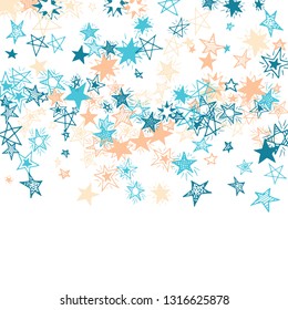 Falling Stars. Hand Drawn Holiday Background with Doodle Stars for Print, Cover, Brochure. Bright Starry Pattern with Simple Childish Elements. Cute Vector Background for Party Decoration.