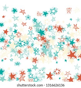 Falling Stars. Hand Drawn Holiday Background with Doodle Stars for Print, Card, Brochure. Bright Starry Pattern with Simple Childish Elements. Funny Vector Background for Party Decoration.