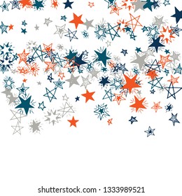 Falling Stars. Hand Drawn Holiday Background with Doodle Stars for Print, Cover, Brochure. Bright Starry Pattern with Simple Childish Elements. Cute Vector Background for Party Decoration.
