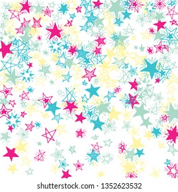 Falling Stars. Hand Drawn Holiday Background with Doodle Stars for Card, Poster, Banner. Bright Starry Pattern with Simple Childish Elements. Modern Vector Background for Party Decoration.