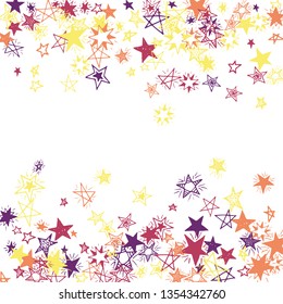 Falling Stars. Hand Drawn Holiday Background with Doodle Stars for Placard, Cover, Brochure. Bright Starry Pattern with Simple Childish Elements. Trendy Vector Background for Party Decoration.