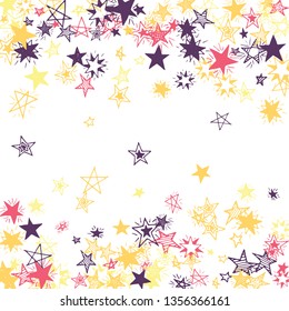 Falling Stars. Hand Drawn Holiday Background with Doodle Stars for Print, Card, Brochure. Bright Starry Pattern with Simple Childish Elements. Modern Vector Background for Party Decoration.