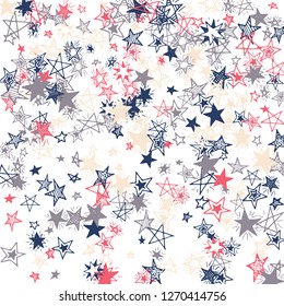 Falling Stars. Hand Drawn New Year Background with Doodle Stars for Card, Poster, Banner. Bright Starry Pattern with Simple Childish Elements. Funny Vector Background for Party Decoration.