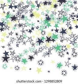 Falling Stars. Hand Drawn New Year Background with Doodle Stars for Print, Card, Brochure. Bright Starry Pattern with Simple Childish Elements. Funny Vector Background for Party Decoration.