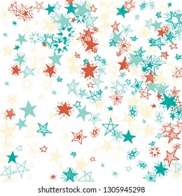 Falling Stars. Hand Drawn New Year Background with Doodle Stars for Print, Cover, Brochure. Bright Starry Pattern with Simple Childish Elements. Modern Vector Background for Party Decoration.