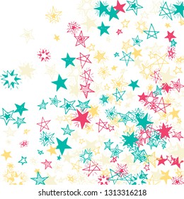 Falling Stars. Hand Drawn New Year Background with Doodle Stars for Print, Card, Poster. Bright Starry Pattern with Simple Childish Elements. Cute Vector Background for Party Decoration.