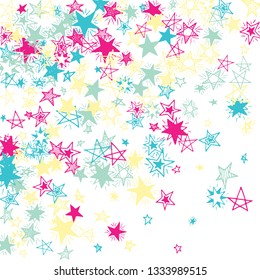 Falling Stars. Hand Drawn New Year Background with Doodle Stars for Print, Cover, Brochure. Bright Starry Pattern with Simple Childish Elements. Trendy Vector Background for Party Decoration.