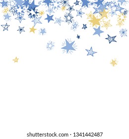 Falling Stars. Hand Drawn New Year Background with Doodle Stars for Placard, Cover, Brochure. Bright Starry Pattern with Simple Childish Elements. Modern Vector Background for Party Decoration.