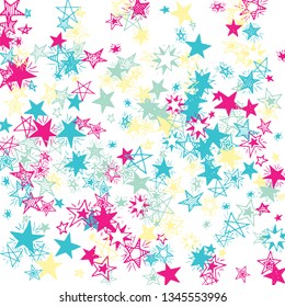 Falling Stars. Hand Drawn New Year Background with Doodle Stars for Print, Card, Poster. Bright Starry Pattern with Simple Childish Elements. Cute Vector Background for Party Decoration.