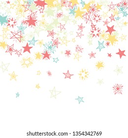 Falling Stars. Hand Drawn New Year Background with Doodle Stars for Placard, Cover, Brochure. Bright Starry Pattern with Simple Childish Elements. Cute Vector Background for Party Decoration.