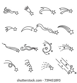 Falling stars icons. Collection of 16 linear symbols of falling stars isolated on a white background. Vector illustration. Editable stroke