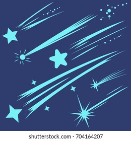 Falling stars, meteorites and comets vector set isolated on blue background.