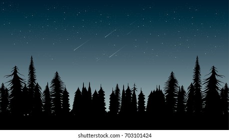 Falling stars in the night sky over pine forest . vector nature illustration 