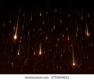 Estrelas caídas sobre fundo escuro. Luzes reais caindo, chuveiro estrela cadente. Meteoros voadores, cometas, asteroides com cintilantes e cintilantes borrões dourados ensaios de fogo. Chuva nas estrelas. Luz brilhante mágica