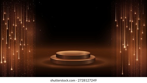 Estrelas caindo sobre fundo escuro com estandes redondos de pódio. Luzes de queda realistas no pedestal para apresentação. Chuva de estrelas, chuveiro de estrelas cadentes. Meteoros voadores com ensaios de fogo dourado borrão cintilante