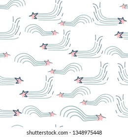 Falling stars seamless pattern on white background. Comet vector illustration in trendy style. 