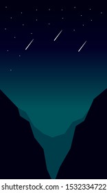 falling stars in the sky on a mountain scenery flat illustration vector design