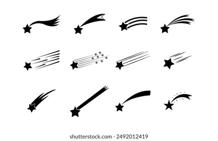 Falling stars vector set with different tails. Set of shooting stars. Icons of meteorites and comets. Black Shooting star isolated on white background. Graphic illustration for web design.