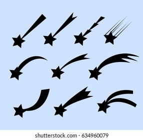 Falling stars vector set. Shooting stars isolated from background. Icons of meteorites and comets. Falling stars with different tails.