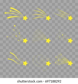 Falling stars vector set. Shooting stars isolated on transparent checkered. Icons of meteorites and comets. Falling stars with different tails