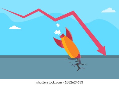 Falling startup rocket and financial business graph. Business fail vector concept