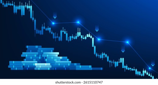 Falling stock chart, along with a coin, indicates an economic recession, market volatility, or financial crisis, caused by interest rate increases, tax increases.Suitable for use in economic new media
