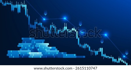 Falling stock chart, along with a coin, indicates an economic recession, market volatility, or financial crisis, caused by interest rate increases, tax increases.Suitable for use in economic new media