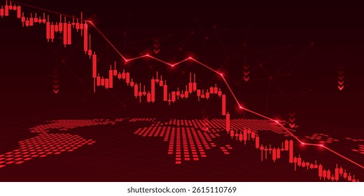 Falling stock chart with a world map at the bottom indicates an economic recession, market volatility or financial crisis. Suitable for use in economic news, analysis reports, and global finance.