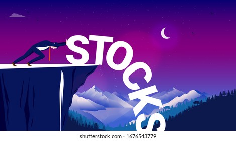 Falling stocks - Man pushing the word stocks over cliff. Metaphor for stock market crash, recession and downfall. Vector illustration.