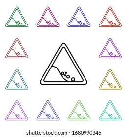 Icono de estilo multicolor de piedras de caída. Línea delgada simple, contorno vectorial de iconos de señalización de carretera para ui y ux, sitio web o aplicación móvil
