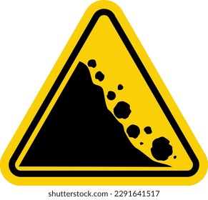 Falling stones sign. Warning road sign falling stones. Yellow triangle sign with a falling stone icon inside. Road sign Caution landslide. The zone of falling stones, the collapse of mountains.