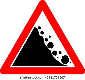 Falling stones sign. Warning road sign falling stones. Red triangle sign with a falling stone icon inside. Road sign. Caution landslide. The zone of falling stones, the collapse of mountains.