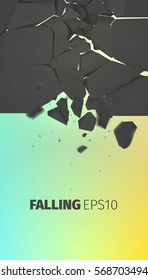 Falling stones vector banner. Cracked black rock explode