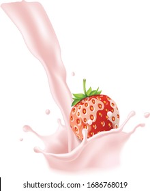 falling strawberry is splashing into milk