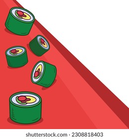 Falling sushi wrapped in nori with red and white simple square vector illustration background isolated with empty copy space for texts. Simple flat art styled cartoon drawing.