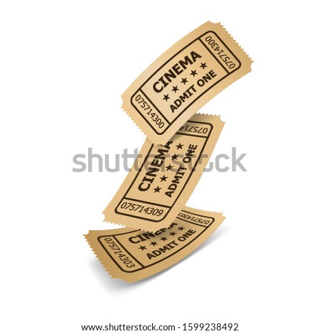 Falling Three Vintage Retro Cinema Tickets Made of Yellow Textured Paper on White Background with Shadows. Vintage Retro Cinema Creative Concept