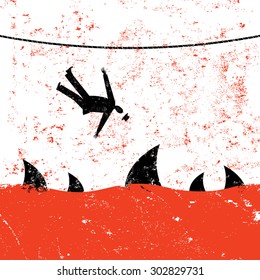 Falling from a Tightrope A retro businessman falling from a tightrope into shark infested waters. 