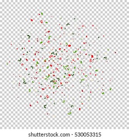 Pequeñas y coloridas piezas de confeti brillantes sobre fondo transparente. Ilustración vectorial.