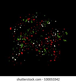 Falling tiny colorful bright confetti pieces on black background. Vector Illustration.