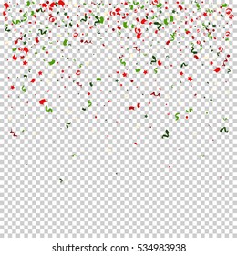 Falling tiny colorful bright confetti pieces on transparent background. Vector Illustration.
