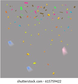 Falling tiny colorful confetti on glowing background and copy space for celebration party holiday decoration.Texture for you design birthday and Christmas and new year.