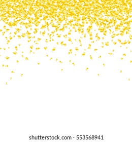 Falling tiny golden and bright confetti isolated on white background.
