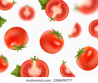 Fallender Tomatenhintergrund. Rote frische Tomaten, die eine realistische Vektorgrafik tragen. unscharfer Effekt