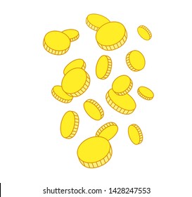 Falling from the top a lot of coins doodle on a transparent background. Vector illustration