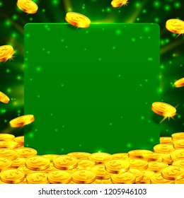 Falling from the top a lot of coins on a green background. Vector illustration