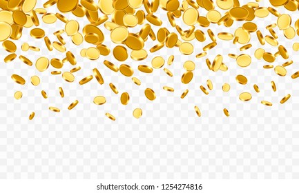 Falling from the top a lot of coins on a transparent background. Vector illustration